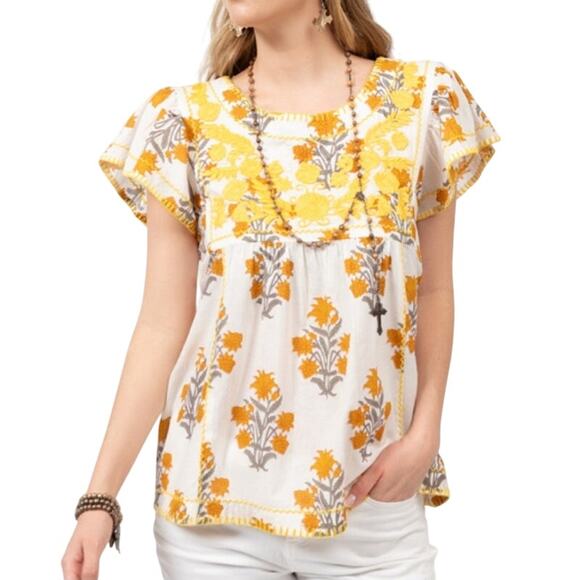 Sister Mary XS Roni Top 100% Cotton Floral Embroidered Yellow Block - Picture 1 of 9